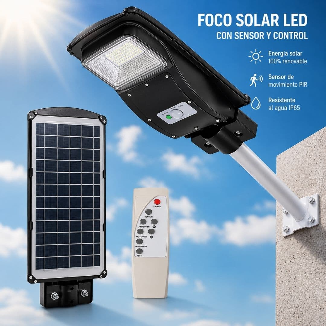Foco Solar Led 30w Sensor Control Brazo Metalalico Para Exteriores Purare Technologic