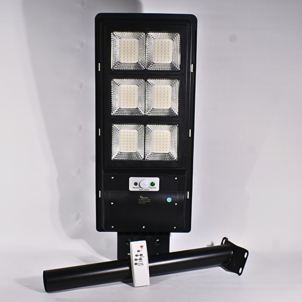 Foco Solar Exterior LED 120W con Panel Integrado, Control Remoto, Sensor de Movimiento, Fotocélula Luz Led 120w Potencia Luz Fria – Purare Technologic