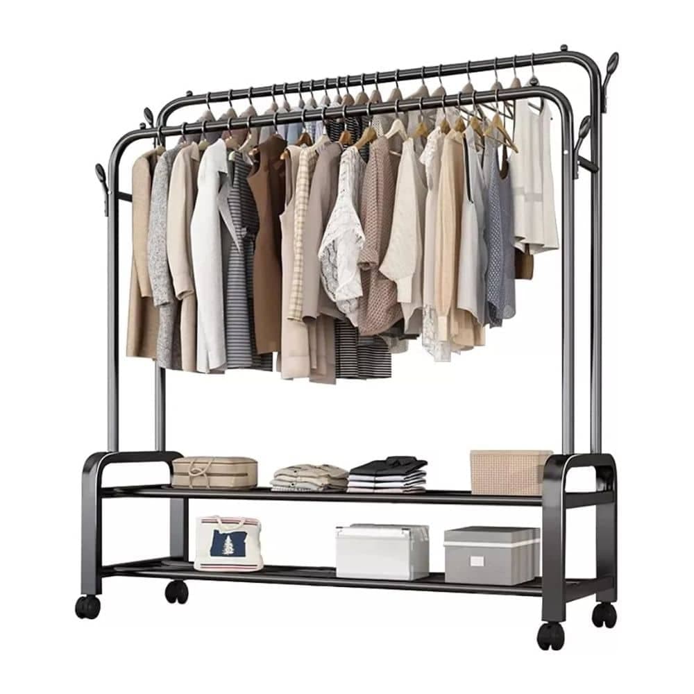Perchero Doble De Metal Con Ruedas Y Estantes Organizador