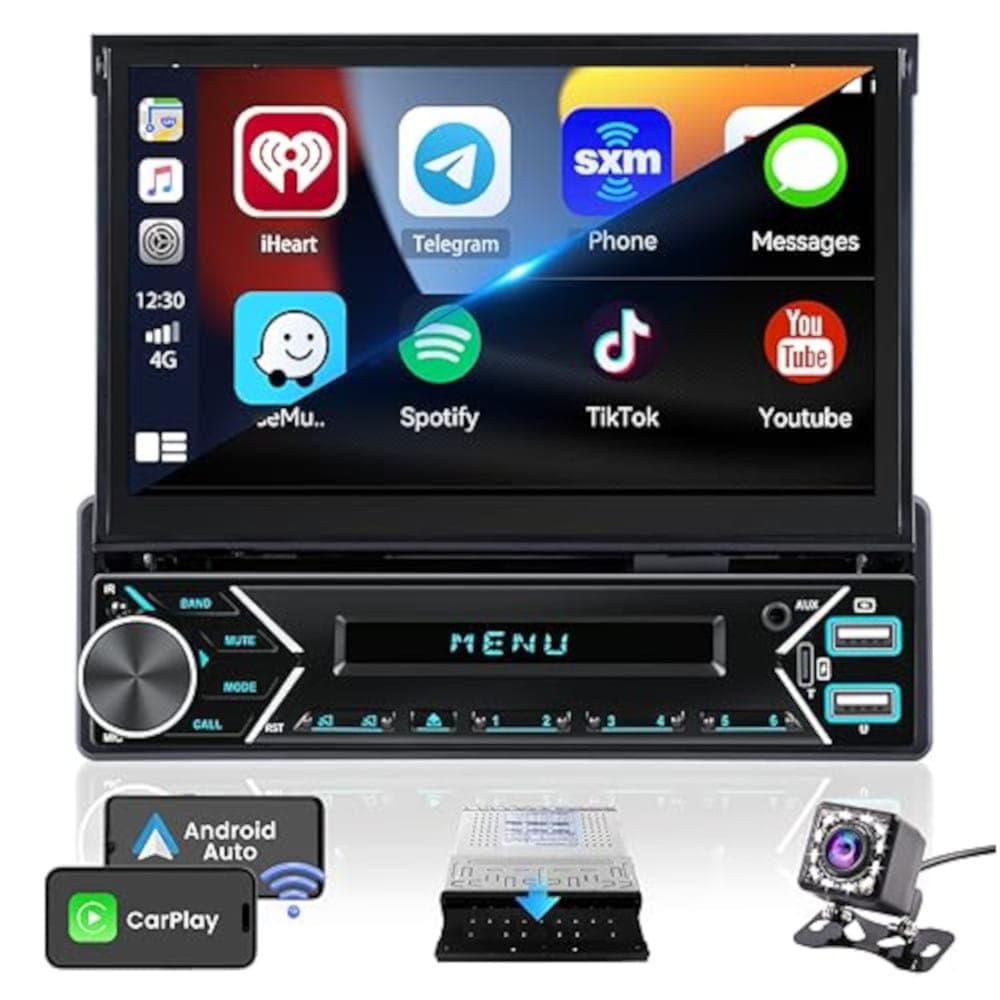 Radio Para Auto Pantalla Retráctil 7" Android 12 + Cámara Trasera Carplay
