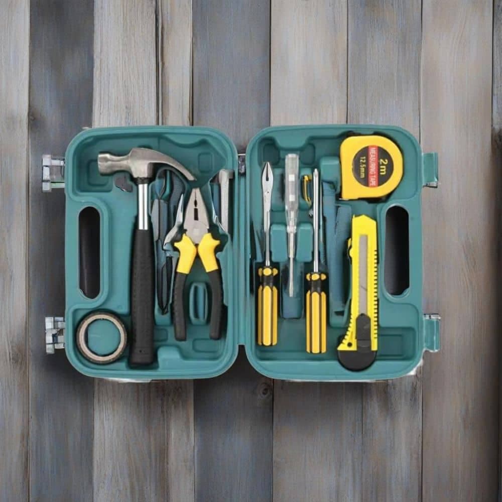 Valija Caja Herramientas 9 Piezas Destornillador Martillo Trincheta Cinta Metrica Pinza Busca Polos