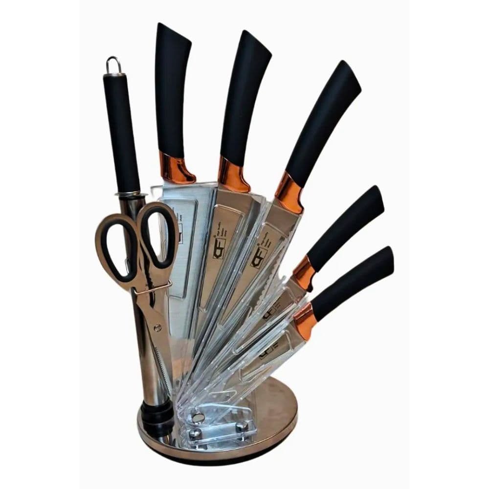 Set de Cuchillos 7 Piezas Acero Inoxidable Con soporte Tijera y Afilador Base Rotativa 360 Mango Ergonomico