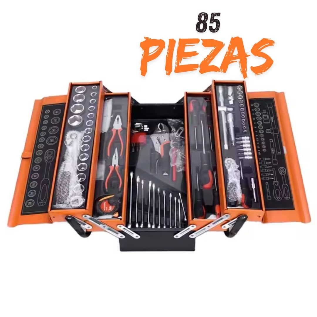 Set Herramientas Caja Metálica Plegable 3 Niveles con 85 Piezas