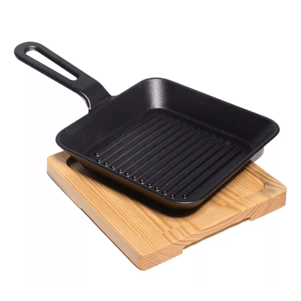 Plancha Cuadrada Hierro Fundido 17.5cm Sarten Tabla Madera Antiadherente Apta Horno Parrilla