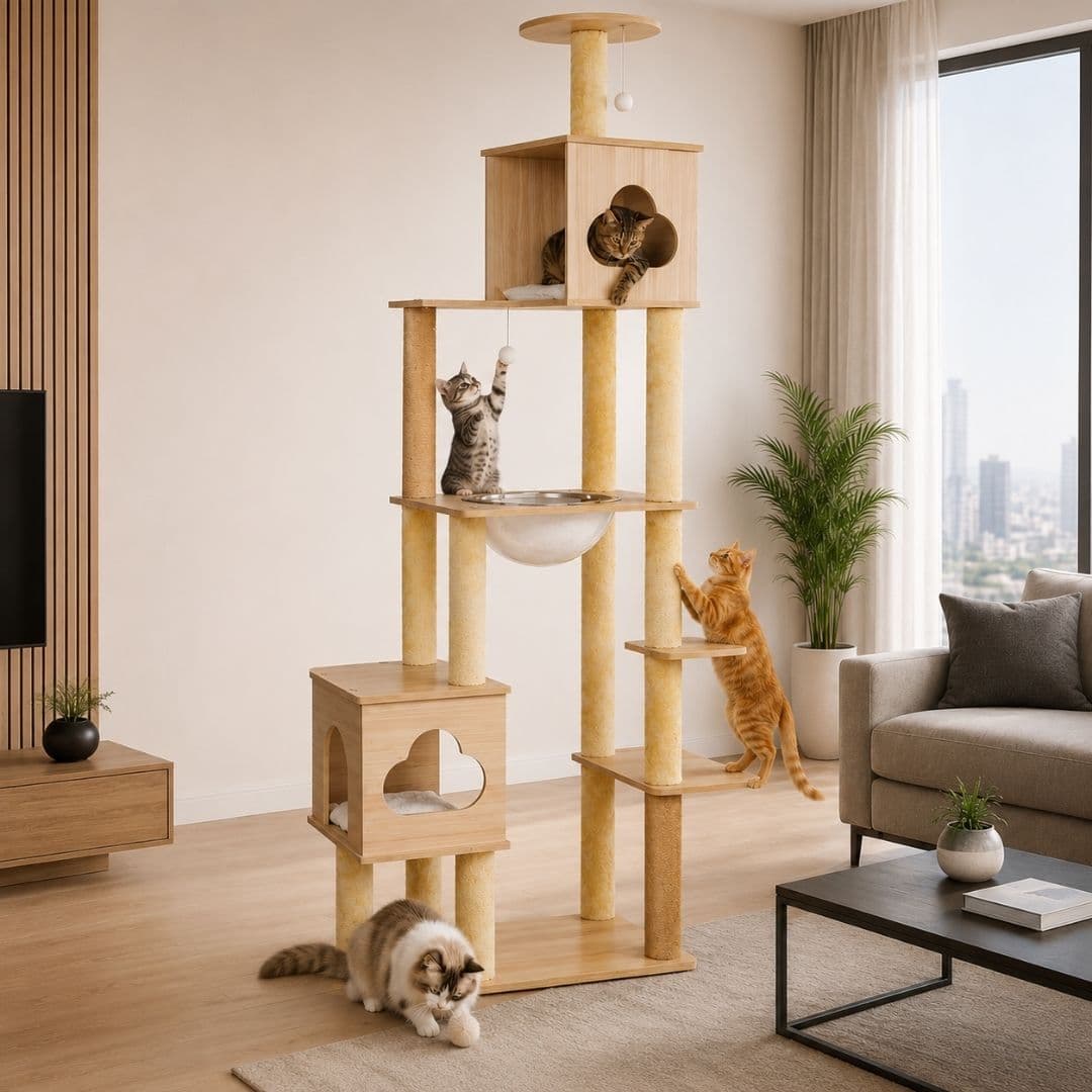 Rascador De Gatos Madera 1.92mts Con Torre Felpa Y Cama Transparente