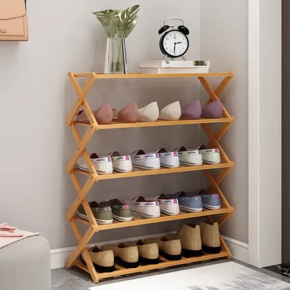 Zapatera de Bambu 5 Estantes Resistente Ecologica Natural Gran Capacidad Plegable No Requiere Armado