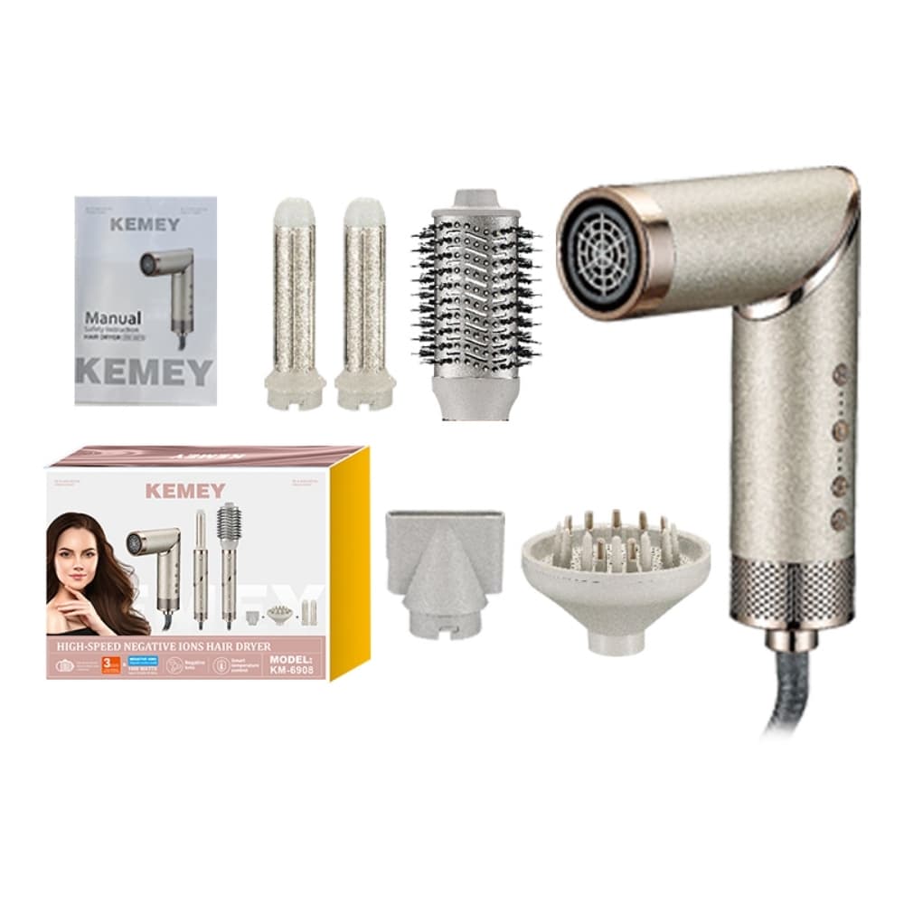 Secador profesional Kemey KM-6908 con 5 accesorios intercambiables motor brushless de 110000 rpm 3 velocidades ionicos plegable y silencioso Ideal para secar alisar ondular y dar volumen