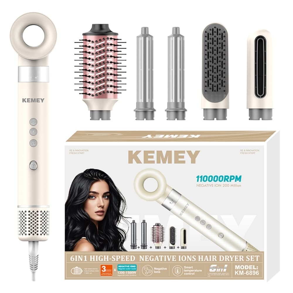 Secador de Pelo Profesional 6 en 1 Kemey KM-6896 con Cepillos y Planchas Intercambiables Motor Brushless 110000 RPM Control de Temperatura Inteligente Iones Negativos Potencia 1500W Cabello Liso, Ondulado y Rizado