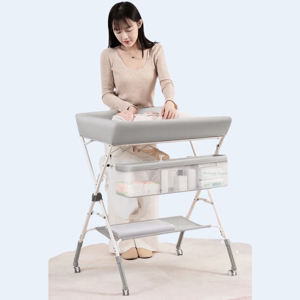 Cambiador de Bebé Plegable con Pañalera Lateral Para Guardado Bandeja Inferior Ajustable en 3 Alturas 100cm Portátil y Resistente Con Ruedas