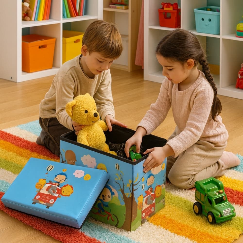 Baul Infantil Plegable 49x31x30 cm con Asiento Organizador de Juguetes sin Ensamblado