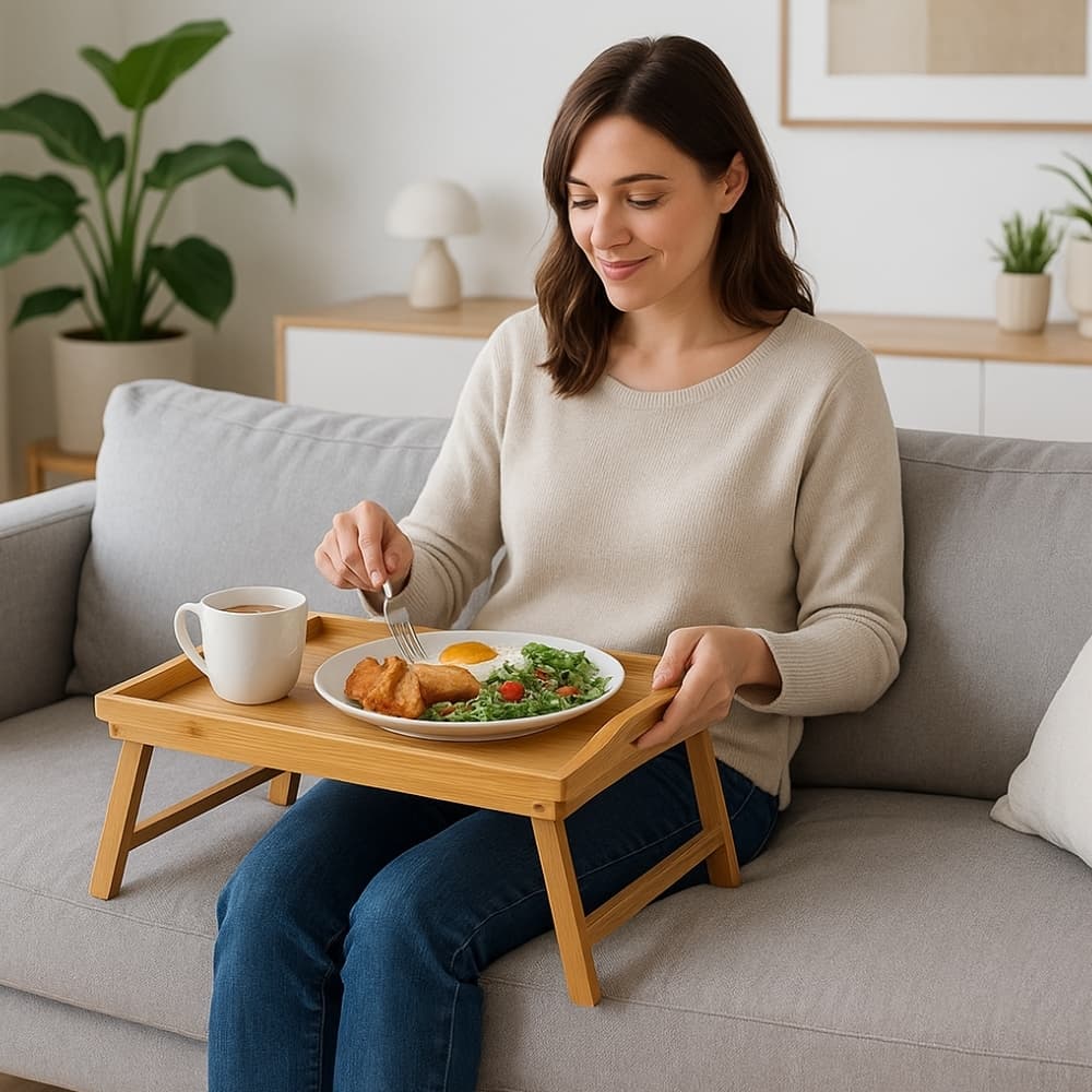 Bandeja de Bambú Plegable para Cama o Sillón 49x30x23 cm con Patas Firmes y Bordes Antiderrame Ideal para Cama o Sillon Comoda Firme Extra Liviana