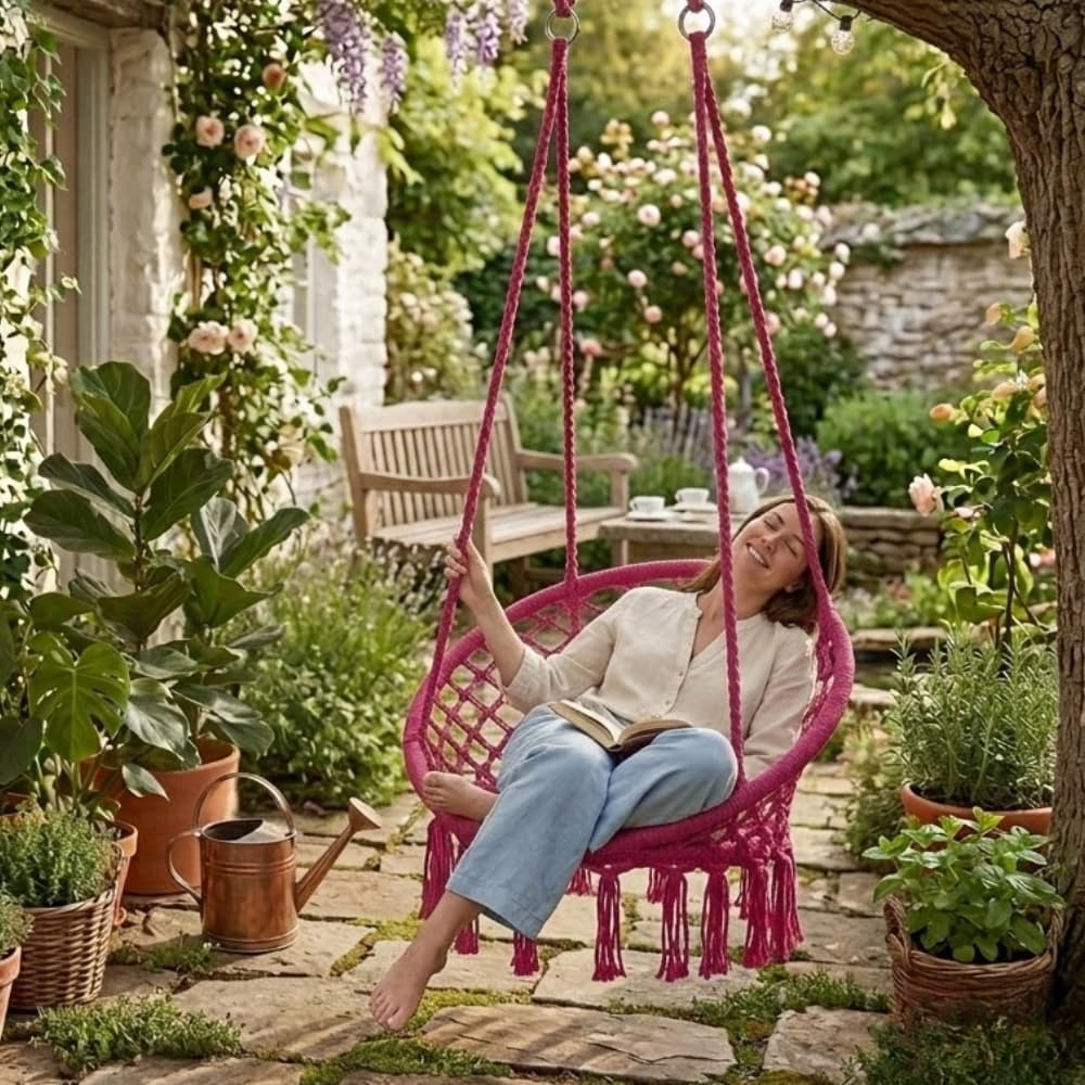 Hamaca Silla Colgante Interior Exterior Macrame Tipo Hamaca Paraguaya de Algodon 120 X 80cm color ROSADO