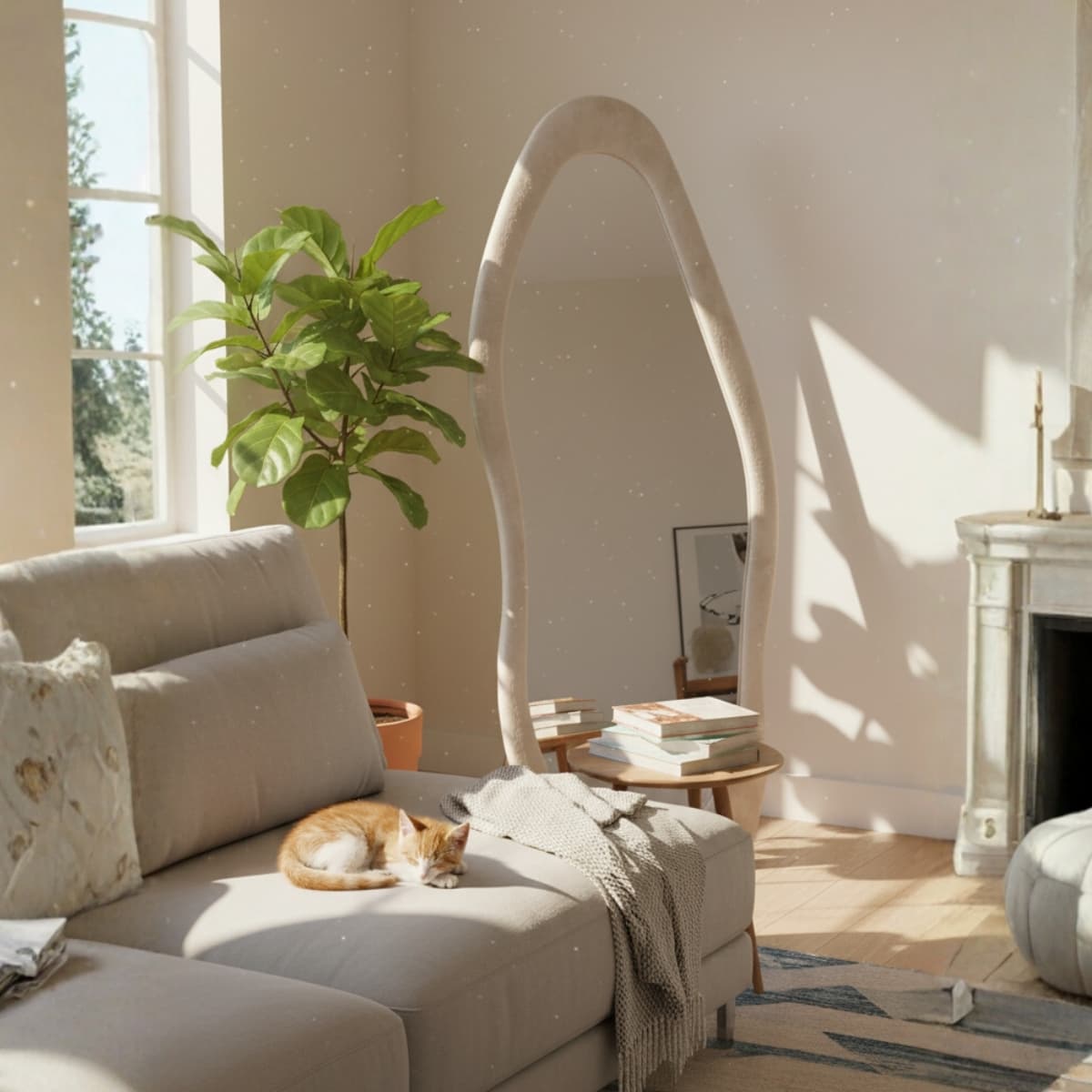 Espejo Irregular Con Ondas De Pie Terciopelado Mdf Moderno Decorativo 160x60cm color BEIGE