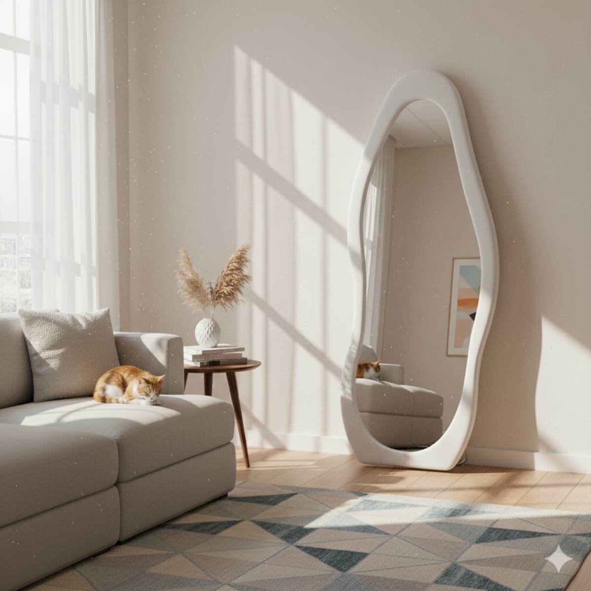 Espejo Irregular Con Ondas De Pie Terciopelado Mdf Moderno Decorativo 160x60cm color BLANCA