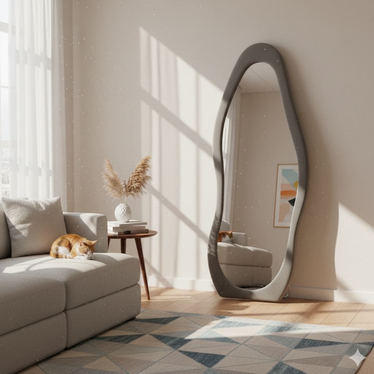 Espejo Irregular Con Ondas De Pie Terciopelado Mdf Moderno Decorativo 160x60cm color GRIS