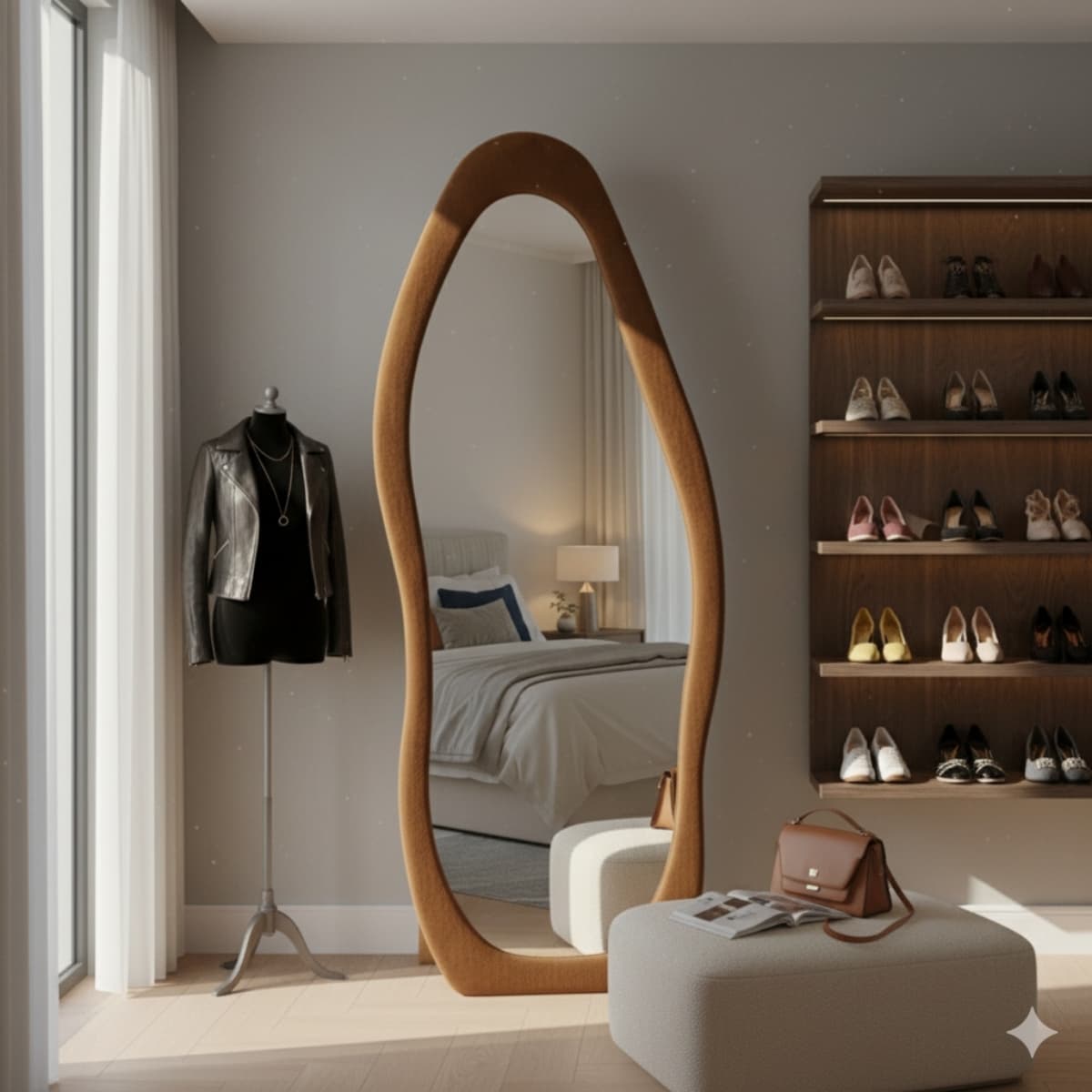 Espejo Irregular Con Ondas De Pie Terciopelado Mdf Moderno Decorativo 160x60cm color MARRON