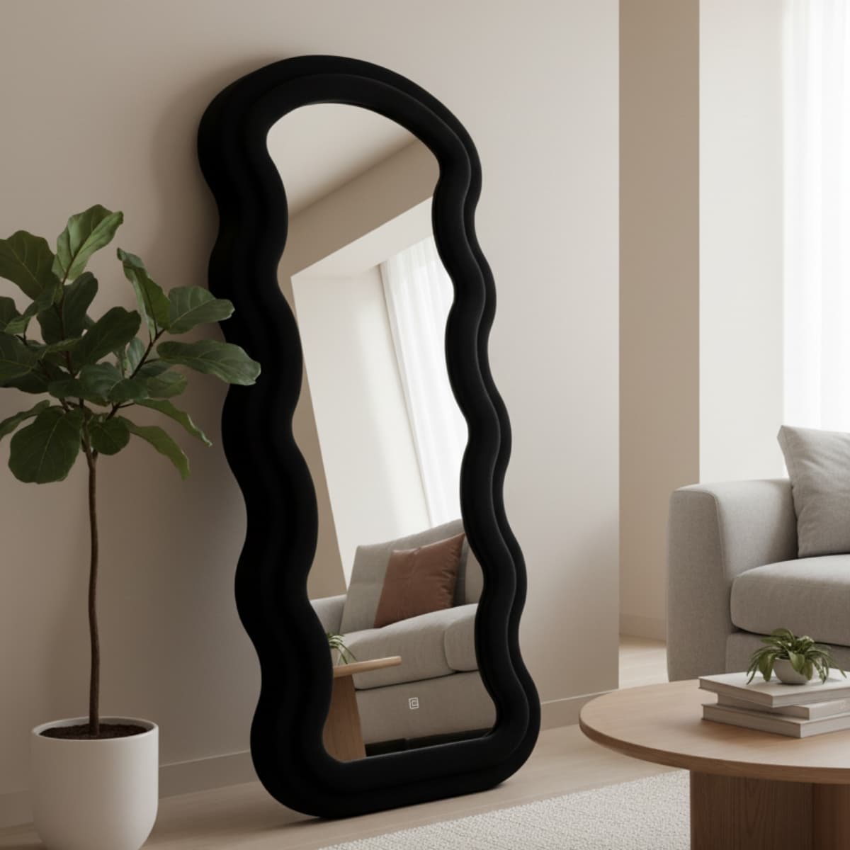 Espejo De Pie Terciopelado Ondulado Con Marco Mdf Moderno 160x60cm color NEGRO