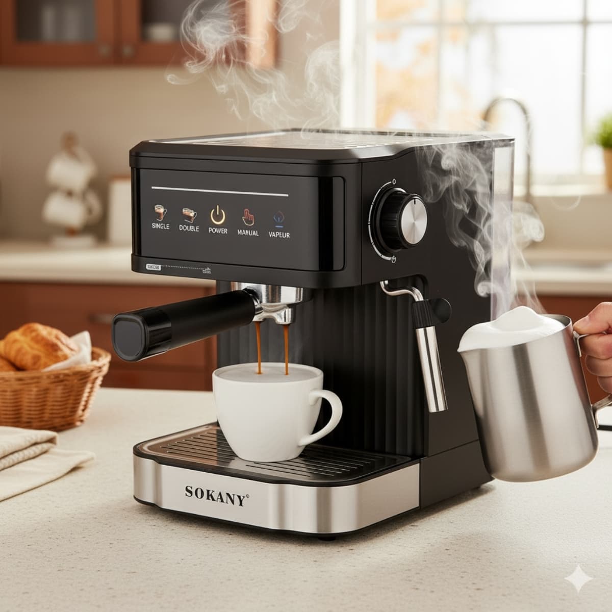 Cafetera Espresso Barista Sokany Profesional 1.8 Litros Panel Táctil Espumador de Leche y Calentador de Tazas