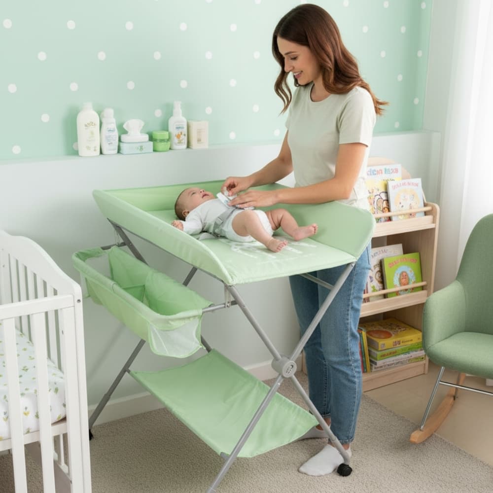 Cambiador de Bebé Plegable con Pañalera Lateral Para Guardado Bandeja Inferior Ajustable en 3 Alturas 100cm Portátil y Resistente Con Ruedas