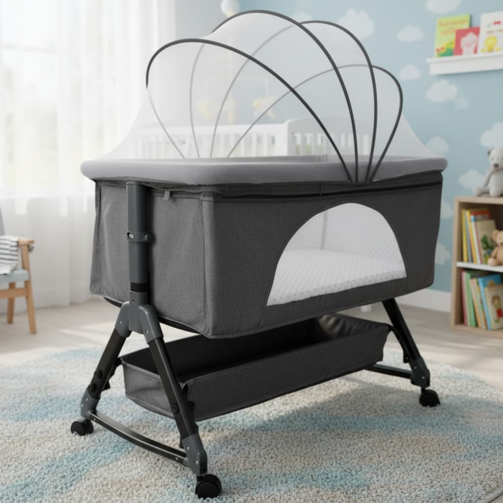 Cuna Cama Colecho para Bebe Ajustable Con Cuatro Ruedas y Compartimento Inferior Incluye Mosquitero color GRIS