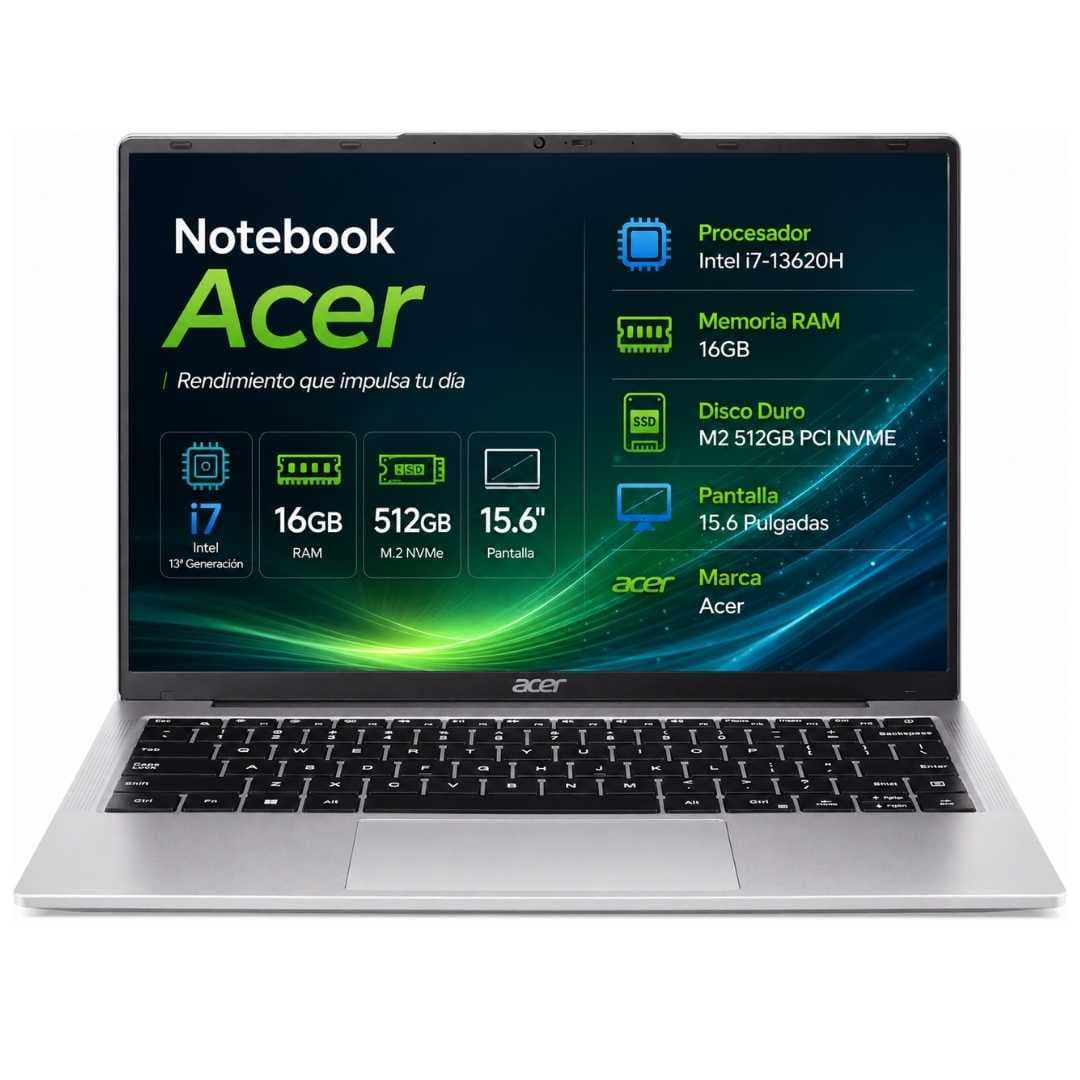 Notebook Acer Laptop AL15-72P i7-13620H BT Memoria RAM 16GB Disco M2 512GB PCI NVME 4L3.57 Pantalla 15.6 Pulgadas