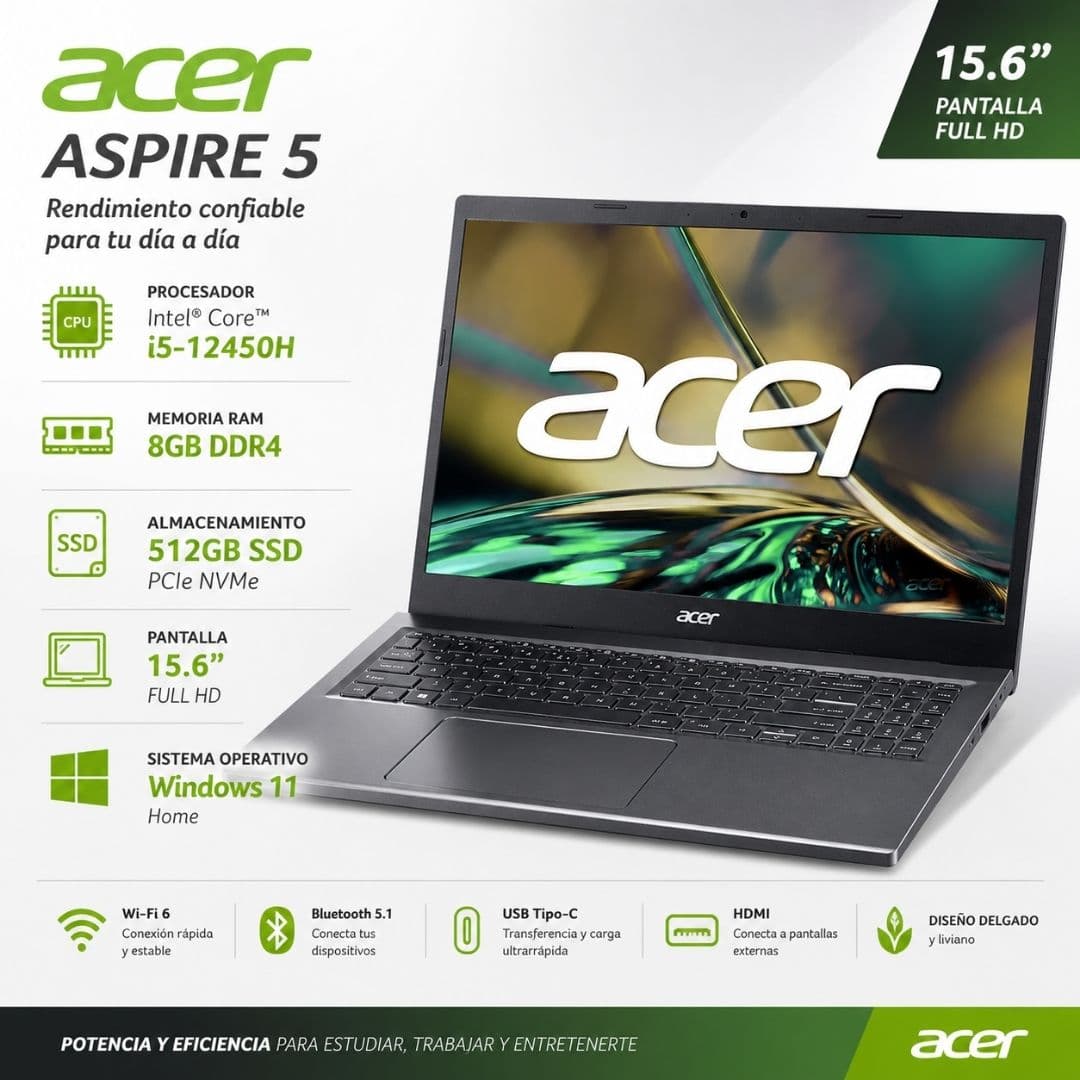 Notebook Acer Aspire I5 12450h Memoria Ram 8gb Disco Duro 512gb M2 Ssd Pantalla 15.6 Pulgadas